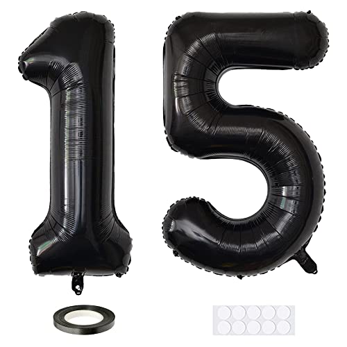 Xihuimay 40" Nummer 15 Folienballon Zahl 15 Luftballon Ziffer 15. Geburtstag Ballon 100cm Riesen Ballons Luft oder Helium Digitaler Ballon für Mädchen Junge Jubiläum Feierliche Anlässe, Schwarz XXL von Xihuimay