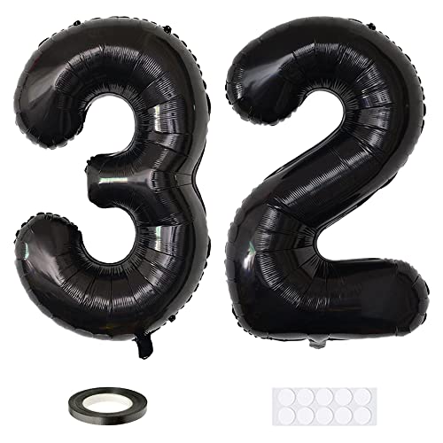 Xihuimay 40" Nummer 32 Folienballon Zahl 32 Luftballon Ziffer 32. Geburtstag Ballon 100cm Riesen Ballons Luft oder Helium Digitaler Ballon für Mädchen Junge Jubiläum Feierliche Anlässe, Schwarz XXL von Xihuimay
