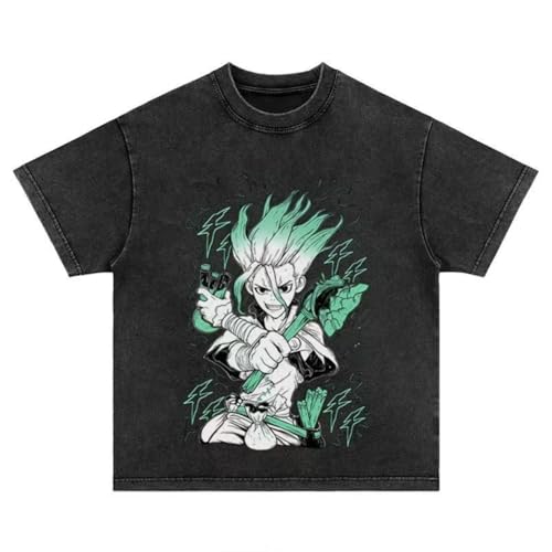 Dr.Stone Shirt Retro-Stil T-Shirt Kohaku Kurzarm Anime Washed Out Sommer Shirt Baumwolle Tee Mode Casual Top von Ximman