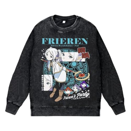Ximman Anime Frieren Sweatshirt Retro Style Washed Out Frieren Pullover Langarm Sweatshirt Casual Oversize Unisex Tops von Ximman