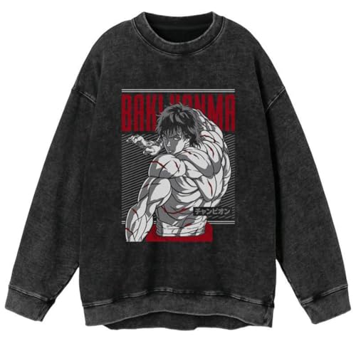 Ximman Hanma Baki Anime Sweatshirt Langarm Kleidung Yujiro Hanma Kleidung Pullover Vintage Style Washed Out Tops Casual Fashion Top Unisex von Ximman
