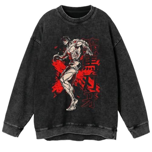 Ximman Hanma Baki Anime Sweatshirt Langarm Kleidung Yujiro Hanma Kleidung Pullover Vintage Style Washed Out Tops Casual Fashion Top Unisex von Ximman