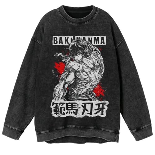 Ximman Hanma Baki Anime Sweatshirt Langarm Kleidung Yujiro Hanma Kleidung Pullover Vintage Style Washed Out Tops Casual Fashion Top Unisex von Ximman