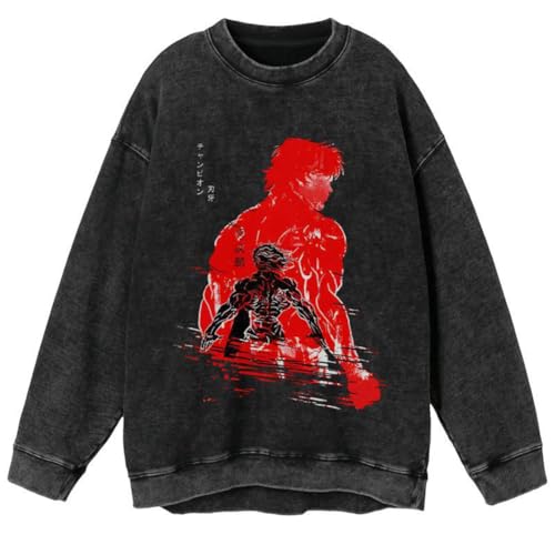 Ximman Hanma Baki Anime Sweatshirt Langarm Kleidung Yujiro Hanma Kleidung Pullover Vintage Style Washed Out Tops Casual Fashion Top Unisex von Ximman