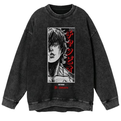 Ximman Hanma Baki Anime Sweatshirt Langarm Kleidung Yujiro Hanma Kleidung Pullover Vintage Style Washed Out Tops Casual Fashion Top Unisex von Ximman