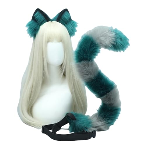 Xingbiyou Comic Con Kostüm Accessoires Set, Tier Ohren, Tierschwänze, Cheshire Katze Ohren, Haarreifen (Grünlich-grau) von Xingbiyou