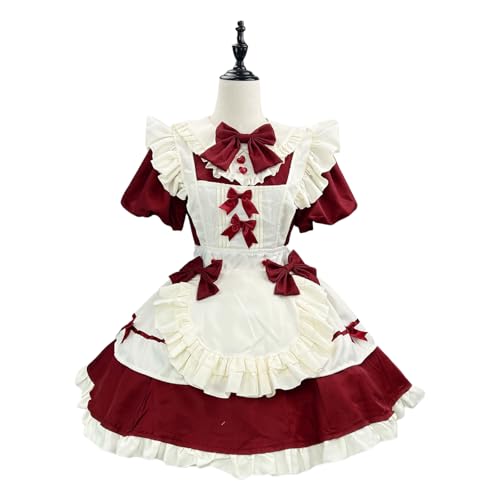 Xingbiyou Damen Anime Lolita Cosplay Kostüm, Vintage Europäisches Dienstmädchen Kleid, Karneval Messeausstattung (Weinrot, 2XL) von Xingbiyou