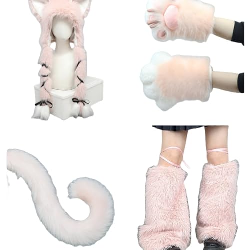 Xingbiyou Fuchs Kostüm Set, Plüsch Ohren Mütze, Schwanz, Handschuhe, Beinstulpen (rosa) von Xingbiyou