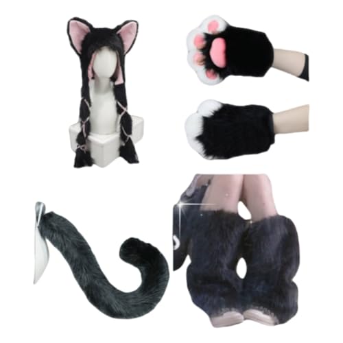 Xingbiyou Fuchs Kostüm Set, Plüsch Ohren Mütze, Schwanz, Handschuhe, Beinstulpen (schwarz) von Xingbiyou
