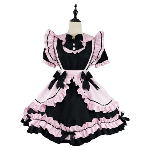 Xingbiyou Gothic Lolita Kleid, Kurzarm, Kawaii Maid Kostüm, Katzen Design, Pink-Schwarz mit Rüschen und Schleife (3XL) von Xingbiyou