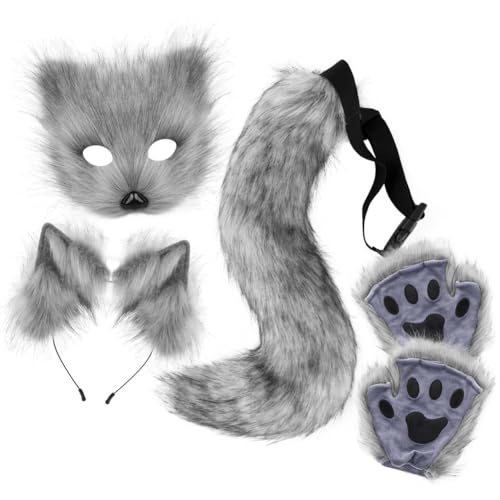 Xingbiyou Halloween Fuchs Kostüm Set, Plüschmaske, Krallen, Ohren Haarreif und Schwanz, Cosplay Zubehör (Dunkelgrau) von Xingbiyou