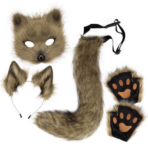Xingbiyou Halloween Fuchs Kostüm Set, Plüschmaske, Krallen, Ohren Haarreif und Schwanz, Cosplay Zubehör (Gras gelb) von Xingbiyou