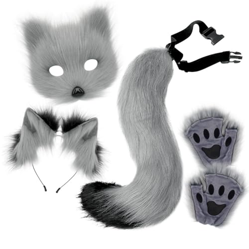 Xingbiyou Halloween Fuchs Kostüm Set, Plüschmaske, Krallen, Ohren Haarreif und Schwanz, Cosplay Zubehör (Grau-Schwarz) von Xingbiyou