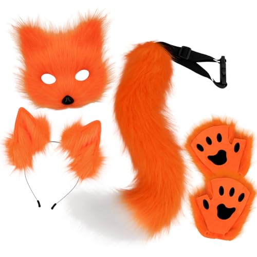 Xingbiyou Halloween Fuchs Kostüm Set, Plüschmaske, Krallen, Ohren Haarreif und Schwanz, Cosplay Zubehör (Orange) von Xingbiyou