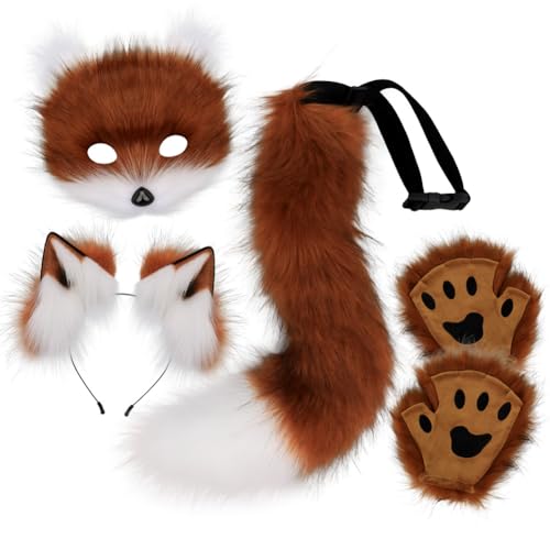Xingbiyou Halloween Fuchs Kostüm Set, Plüschmaske, Krallen, Ohren Haarreif und Schwanz, Cosplay Zubehör (Rot-Braun-Weiß) von Xingbiyou