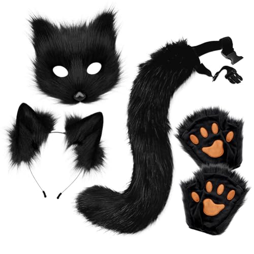 Xingbiyou Halloween Fuchs Kostüm Set, Plüschmaske, Krallen, Ohren Haarreif und Schwanz, Cosplay Zubehör (Schwarz) von Xingbiyou