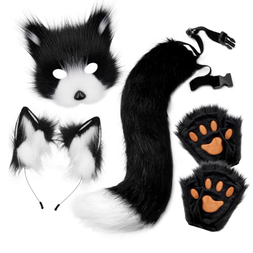 Xingbiyou Halloween Fuchs Kostüm Set, Plüschmaske, Krallen, Ohren Haarreif und Schwanz, Cosplay Zubehör (Schwarz-Weiß) von Xingbiyou