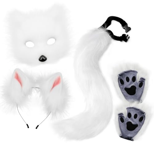 Xingbiyou Halloween Fuchs Kostüm Set, Plüschmaske, Krallen, Ohren Haarreif und Schwanz, Cosplay Zubehör (Weiß) von Xingbiyou