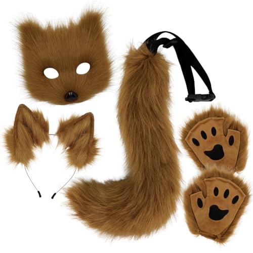 Xingbiyou Halloween Fuchs Kostüm Set, Plüschmaske, Krallen, Ohren Haarreif und Schwanz, Cosplay Zubehör (braun) von Xingbiyou