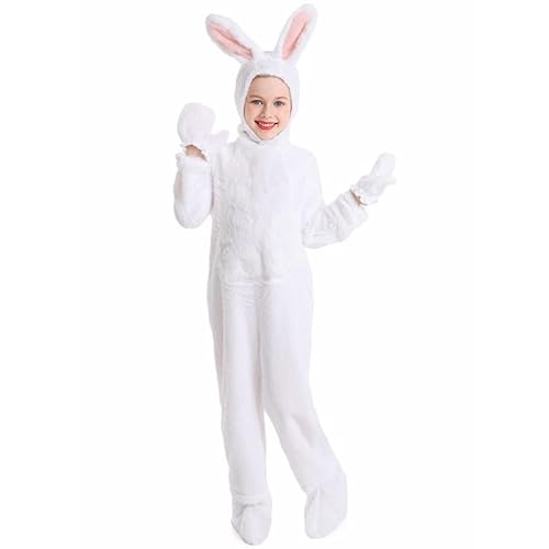 Xingbiyou Hasen Kostüm für Kinder, Weißer Kaninchen Jumpsuit mit Mütze, Handschuhe und Schuhe, Karneval Halloween Outfit (130cm) von Xingbiyou