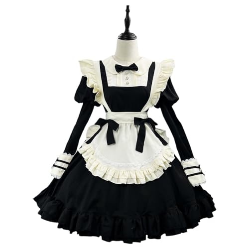 Xingbiyou Japanisches Maid Kostüm, Schwarzes Lolita Kleid mit Spitze, Süßes Dienstmädchen Outfit für Halloween und Café (XL) von Xingbiyou