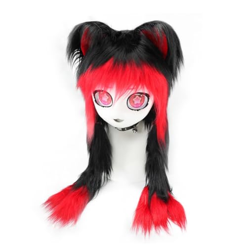 Xingbiyou Katzenohren Flechten Cosplay Plüsch Kopfbedeckung, Lolita Tierkopf (Schwarz-Rot) von Xingbiyou