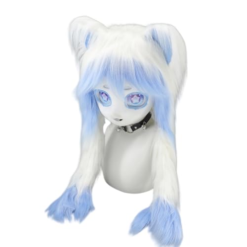 Xingbiyou Katzenohren Flechten Cosplay Plüsch Kopfbedeckung, Lolita Tierkopf (Weiß-Blau) von Xingbiyou