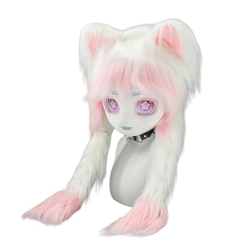 Xingbiyou Katzenohren Flechten Cosplay Plüsch Kopfbedeckung, Lolita Tierkopf (Weiß-Rosa) von Xingbiyou