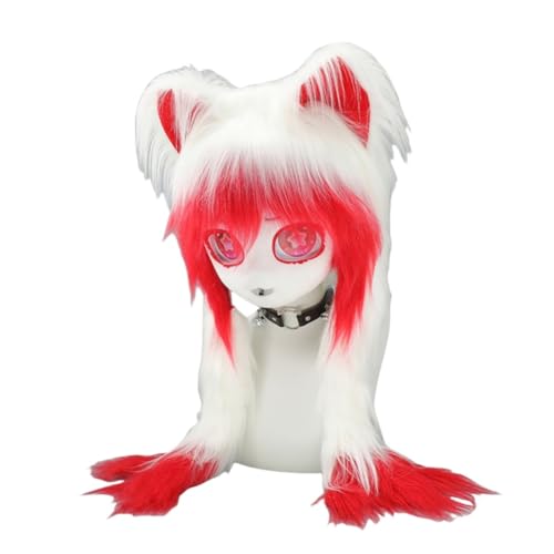 Xingbiyou Katzenohren Flechten Cosplay Plüsch Kopfbedeckung, Lolita Tierkopf (Weiß-Rot) von Xingbiyou