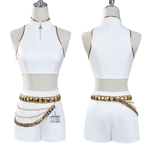 Xingbiyou Kpop Demon Hunters Rumi Cosplay Kostüm, Weißes Mini-Kleid, Bühnenuniform für Gruppenauftritte (S) von Xingbiyou