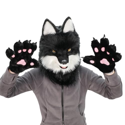 Xingbiyou Künstliche Wolfsmaske, Plüschkapuze, Halloween-Kostüm-Zubehör, gruselig und lustig von Xingbiyou
