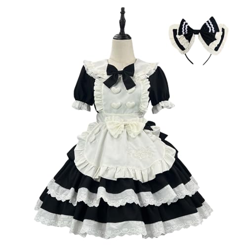 Xingbiyou Lolita Kleid Anime Dienstmädchen Cosplay Kostüm, Schwarz-Beige/Schwarz-Rosa, mit Schürze und Schleife (Schwarz-Beige, 4XL) von Xingbiyou