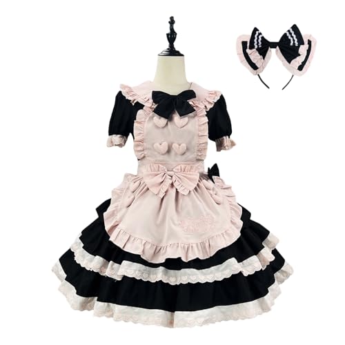 Xingbiyou Lolita Kleid Anime Dienstmädchen Cosplay Kostüm, Schwarz-Beige/Schwarz-Rosa, mit Schürze und Schleife (Schwarz-Rosa, 2XL) von Xingbiyou