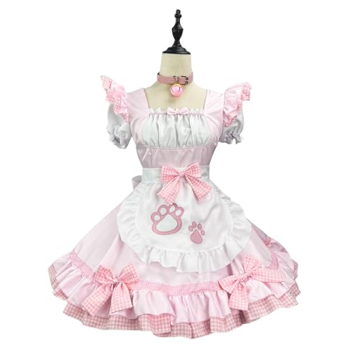 Xingbiyou Lolita Maid Kostüm, Anime Katzen Mädchen Kleid mit Schürze, Schwarz-Weiß-Rosa, Karneval Party Kellnerin Outfit (Rosa-Weiß, 4XL) von Xingbiyou