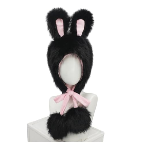 Xingbiyou Süßer Plüsch-Hasenmütze mit Ohren, Lolita-Stil, Warm (Schwarz-Rosa) von Xingbiyou