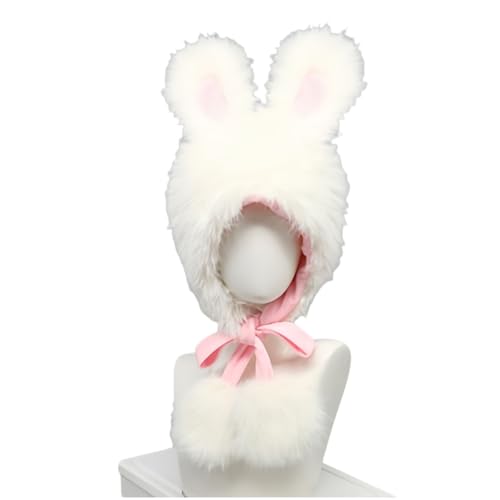 Xingbiyou Süßer Plüsch-Hasenmütze mit Ohren, Lolita-Stil, Warm (Weiß-Rosa) von Xingbiyou