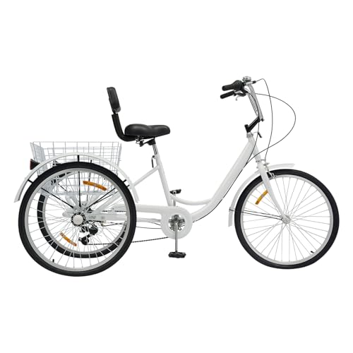 24-Zoll-Reifen 6-Gang Dreirad für Erwachsene/Senioren verstellbarem Sitz (80-90cm) 95kg Traglast, mit Einkaufskorb rutschfeste Griffe, für Erholung/Einkaufen/Picknicks Weiß Dreirad Erwachsene von Xingfx