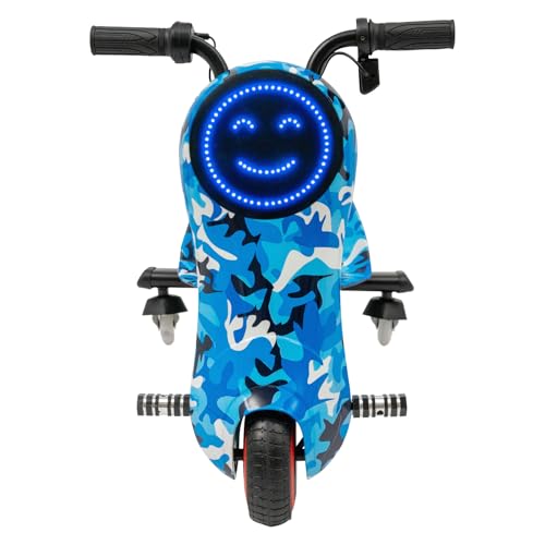 Kinder Elektro-Drift-Scooter, 3 Geschwindigkeiten 180W Drift Trike, mit LED-Licht & Bluetooth – 50kg Tragkraft, Sitz verstellbar 82-92cm für Jungen & Mädchen ab 3 Jahren (Camouflage Blau) von Xingfx