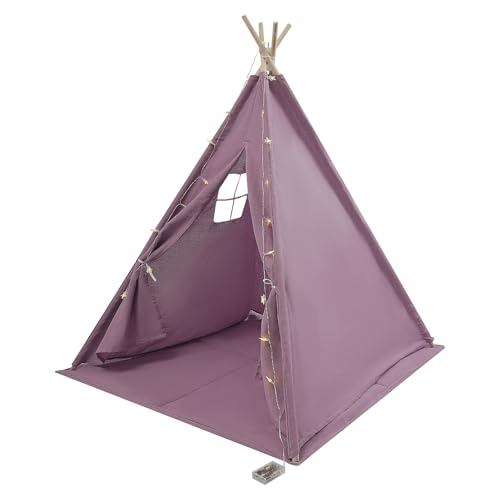 Kinderzelt mit Matte & Lichterkette, Spielzelt aus Baumwolle & Leinen für Mädchen & Jungen, Indoor Spielhaus Tipi Zelt mit Fenster, Faltbar, für Kinderzimmer & Geburtstag (Lila) von Xingfx