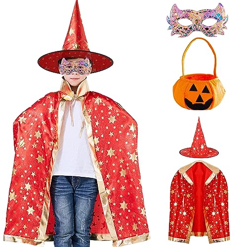Xingsky Kinder Umhang, Halloween Kostüme für Kinder Hexe Umhang Kinder mit Hut Umhang Kürbis Candy Bag Augenmaske Kostüm Umhang Kinder für Halloween Karneval Cosplay Maskerade von Xingsky