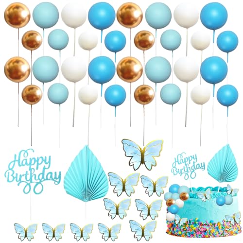 53 Stück Kugel-Kuchenaufsätze, Dekorationen, XingyLi Blau-Gold, Mini-Luftballons, Cupcake-Topper mit Palmenfächern, Schmetterling und Happy Birthday-Kucheneinsatz, Schaumstoff-Kugel-Kuchenspieße für von XingyLi