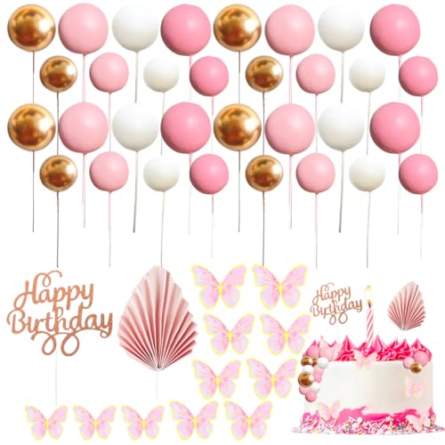 XingyLi Kuchendekoration, 54 Stück, rosa-goldfarben, Mini-Luftballons, Cupcake-Topper mit Palmenfächern, Schmetterling und "Happy Birthday"-Kucheneinsatz, Schaumstoff-Kugel-Kuchenspieße für Geburtstag von XingyLi