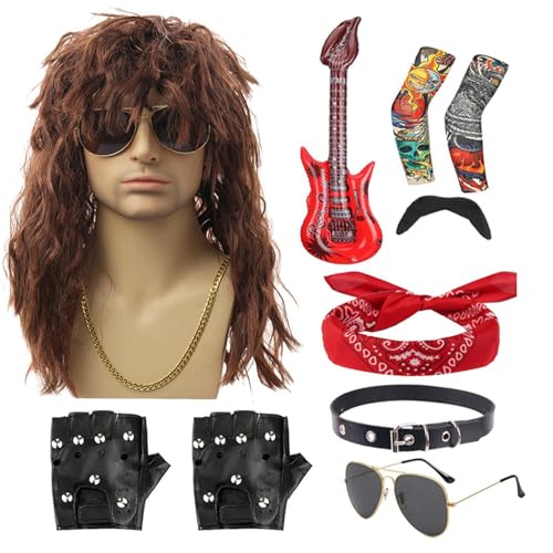 80er Jahre Rocker Kostüm -Outfit Männer | 10pcs Halloween -Rocker -Kostüm, Kostümzubehör für Männer, einschließlich Perückenstirnbandkragen Sonnenbrille Handschuhe Ärmeln Bart Gitarre Requisiten 80er Jahre Rocker Kostüm -Outfit Männer | 10pcs Halloween -Rocker -Kostüm, Kostümzubehör für Männer, einschließlich Perückenstirnbandkragen Sonnenbrille Handschuhe Ärmeln Bart Gitarre Requisiten von Xinhuju