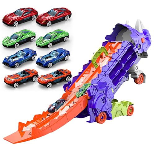 Dinosaurier-LKW-Spielzeug-Faltbarer Transportwagen mit Rennstrecke, Die Cast-Autos | Verwandelt sich in stehende Dinosaurier | Tragbares prähistorisches Spielset für und Mädchen im Alter von 3 von Xinhuju