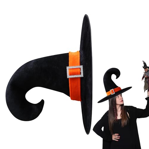 Schwarzer Hexenhut, Halloween Spitzhut - Schwarzer Hexenhut mit silberner Schnalle, Halloween Spitzhut aus Samt, Partybedarf für Frauen Mädchen von Xinhuju