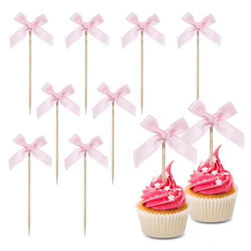 Cupcake-Topper mit rosa Schleife, Mini-Schleife, Cupcake-Picks, rosa Schleife, Kuchendekoration, Geburtstagsdekorationen für Junggesellinnenabschied, Braut, Verlobung, Hochzeit, Mädchen, Babyparty von Xinjoduz