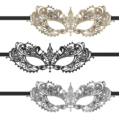 Xinjoduz 3 Stück Maskenball Maske Damen Schwarz, Maske Spitze, Goldene Masquerade Augenmaske Silber Faschingsmasken Karneval Masken für Maskeradepartys Zubehör Halloween Party Abschlussball Kostüm von Xinjoduz