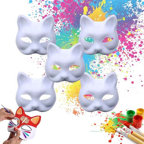 Xinlon 5 Stück Katzenmaske zum Bemalen, Therian Mask Weiß, DIY Katzenmaske Masken zum Bemalen Kinder, Handgemalte Cat Maske, Cosplay Maske, Karneval Maske Maskenball für Halloween Party, Handgefertigt von Xinlon