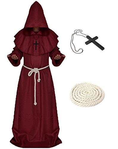 Xinlong Halloween Mönch Robe Priester Kostüm Herren Cosplay Mönchskostüm Mittelalter Renaissance Hooded Mönch Kostüm(L, Burgunderrot) von Xinlong