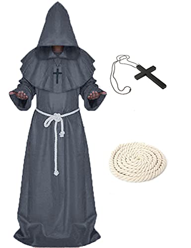 Xinlong Halloween Mönch Robe Priester Kostüm Herren Cosplay Mönchskostüm Mittelalter Renaissance Hooded Mönch Kostüm (M, Grau) von Xinlong